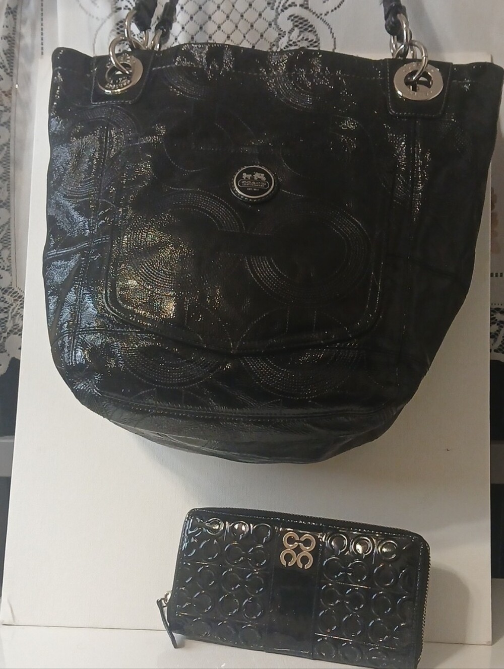 Coach Black Patent Leather Shoulder Tote with Matching Wallet